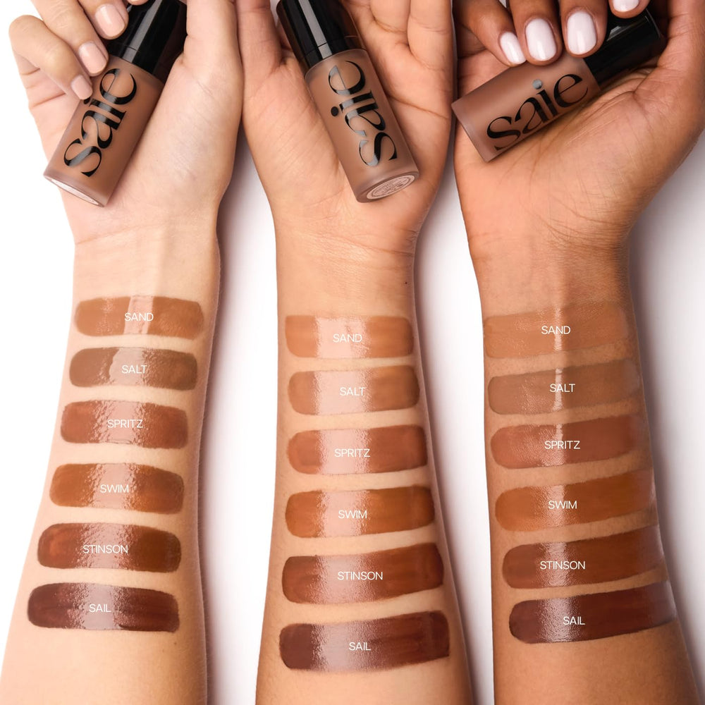 Saie Dew Bronze blend on jawline creates soft contour