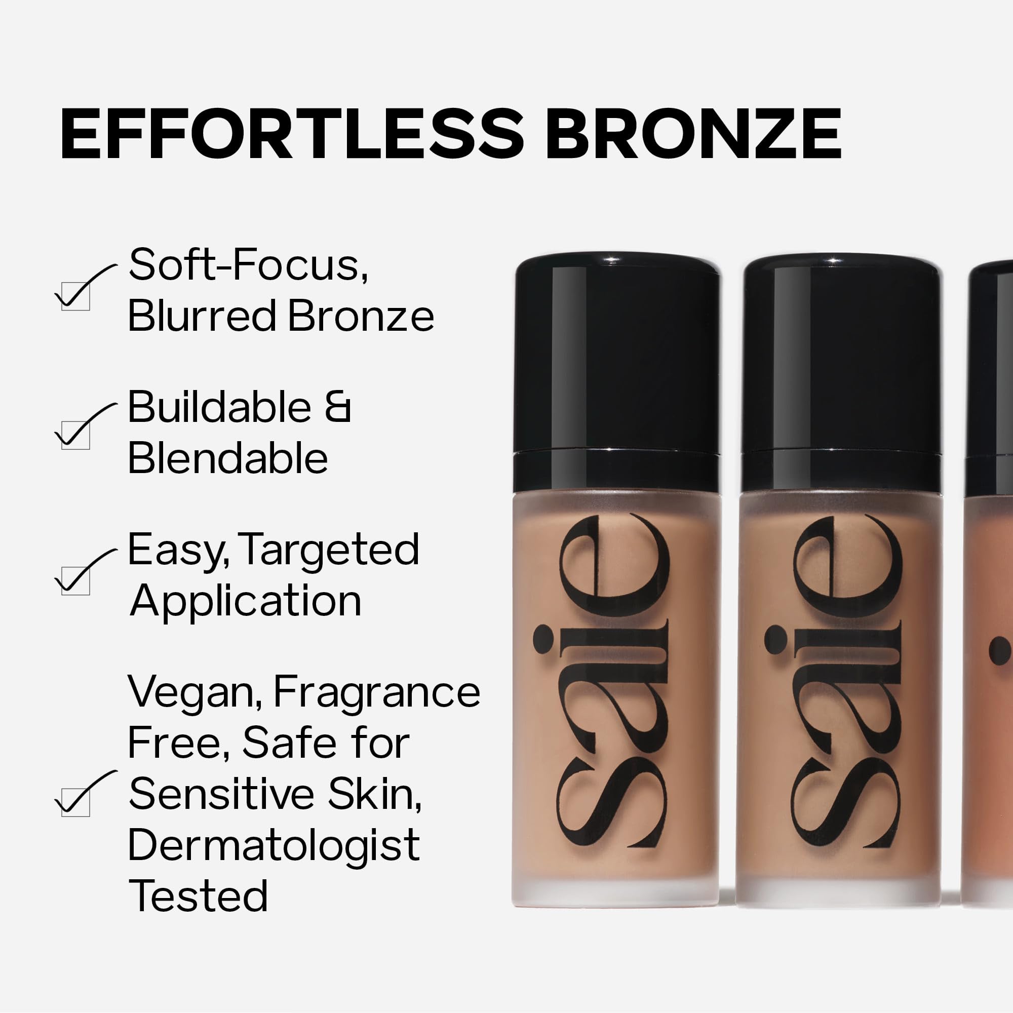 Saie Dew Bronze dewy finish blurs texture on skin