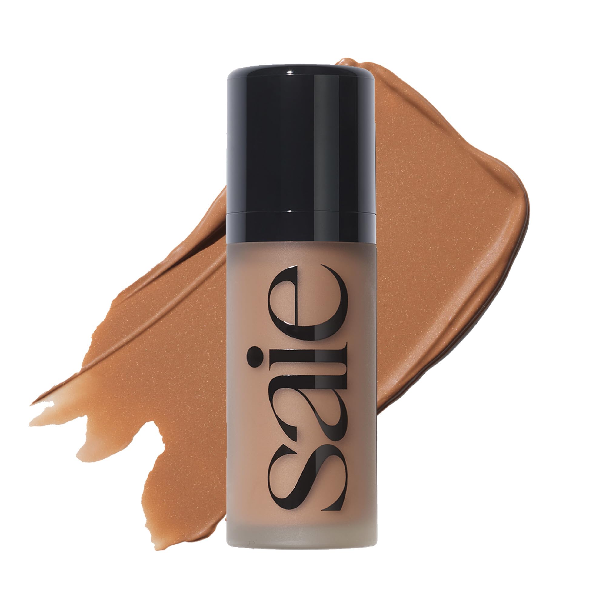 Saie Dew Bronze Sand close-up on applicator for precise sun-kissed contour.