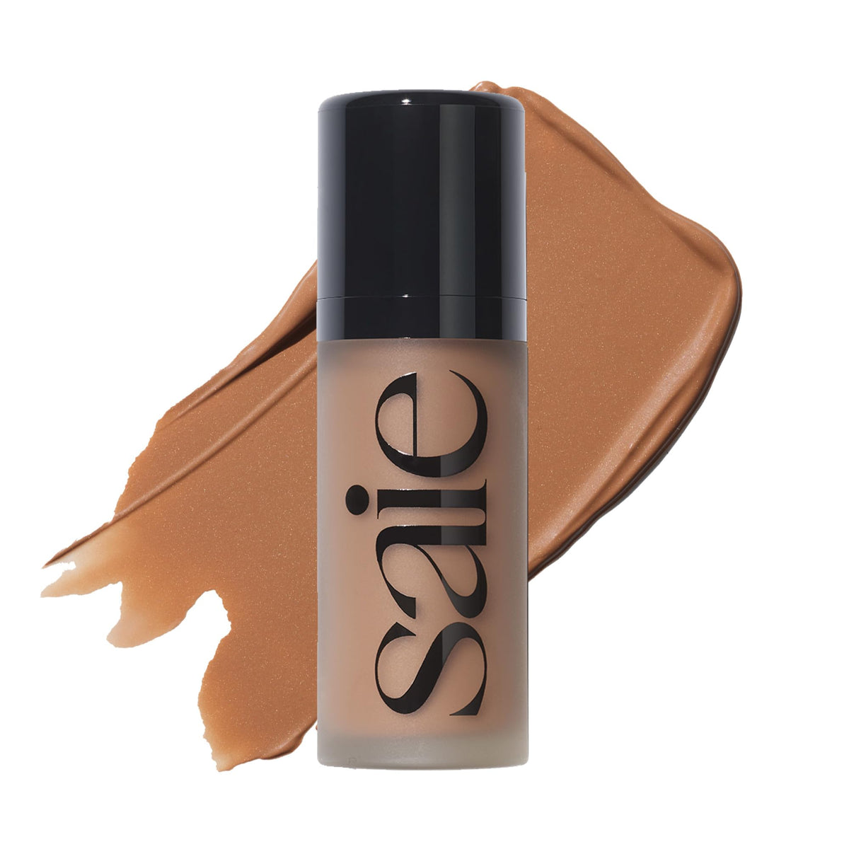Saie Dew Bronze Sand close-up on applicator for precise sun-kissed contour.