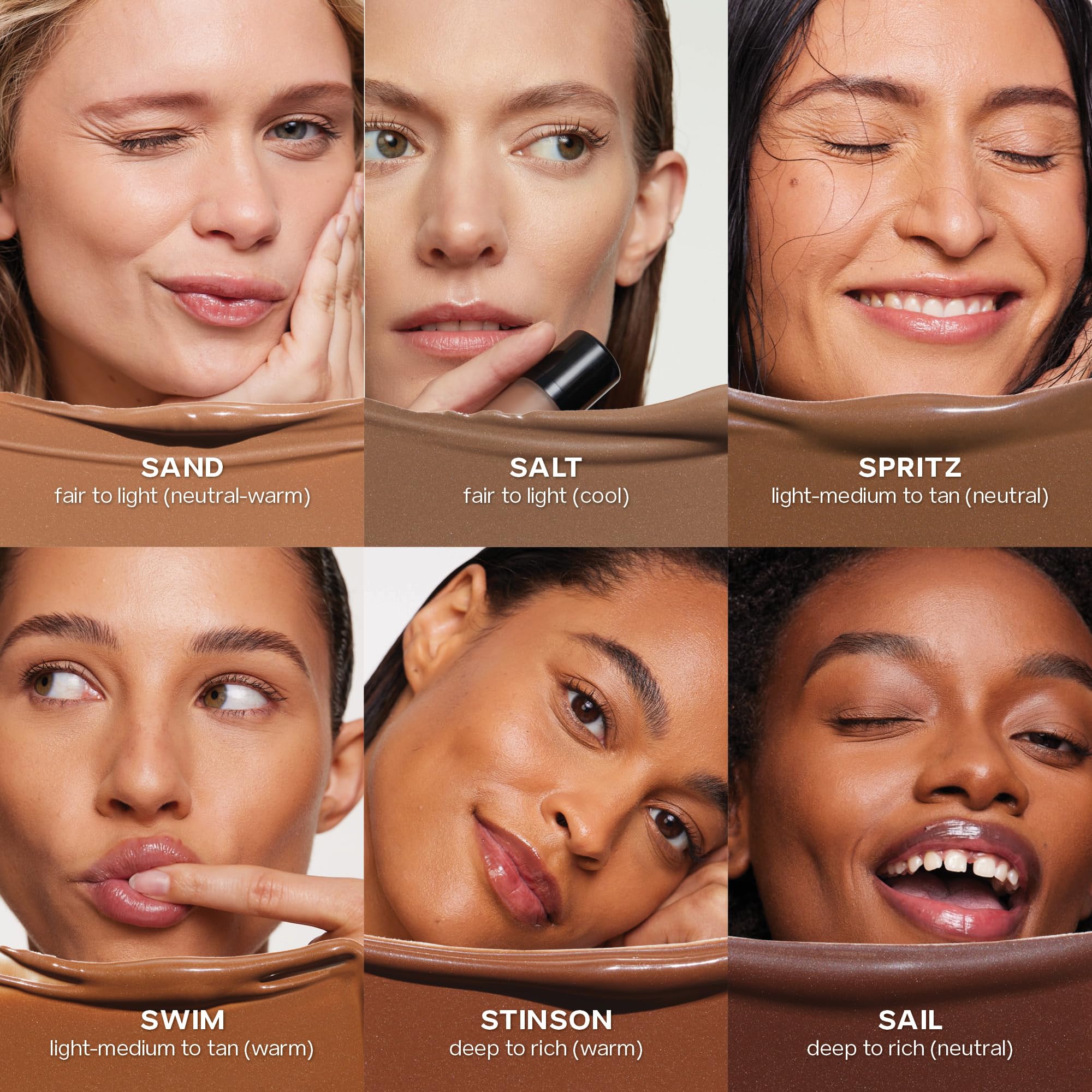 Saie Dew Bronze swatch shows six shade options from cool to warm undertones.