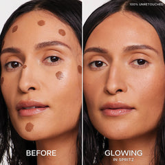 Saie Dew Bronze swatch on cheek showing dewy sun-kissed glow.