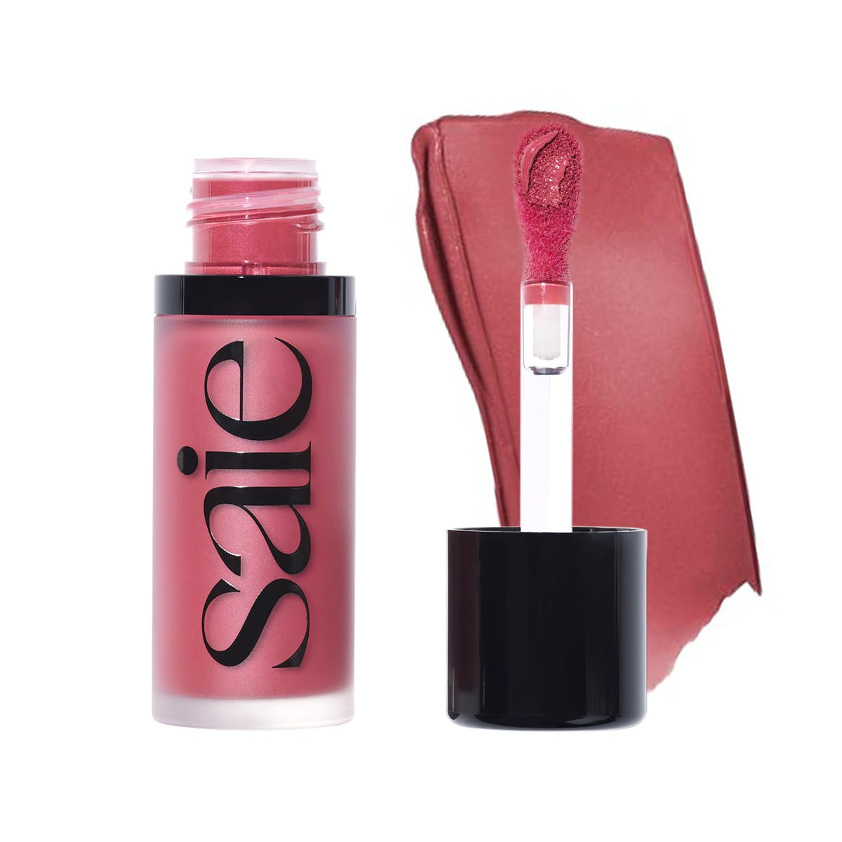 Saie Dew Liquid Blush applicator close-up showing creamy texture for easy blending.