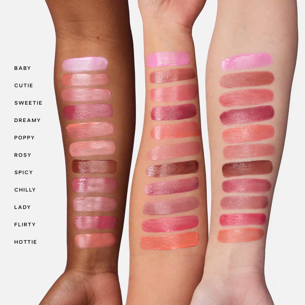 Saie Dew Liquid Blush blend-onto-cheeks demonstrates a lit-from-within radiance.