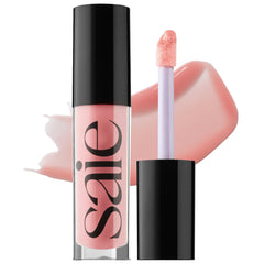Saie GlossyBounce Bubble bottle front showing sleek high-shine lip gloss aesthetics.