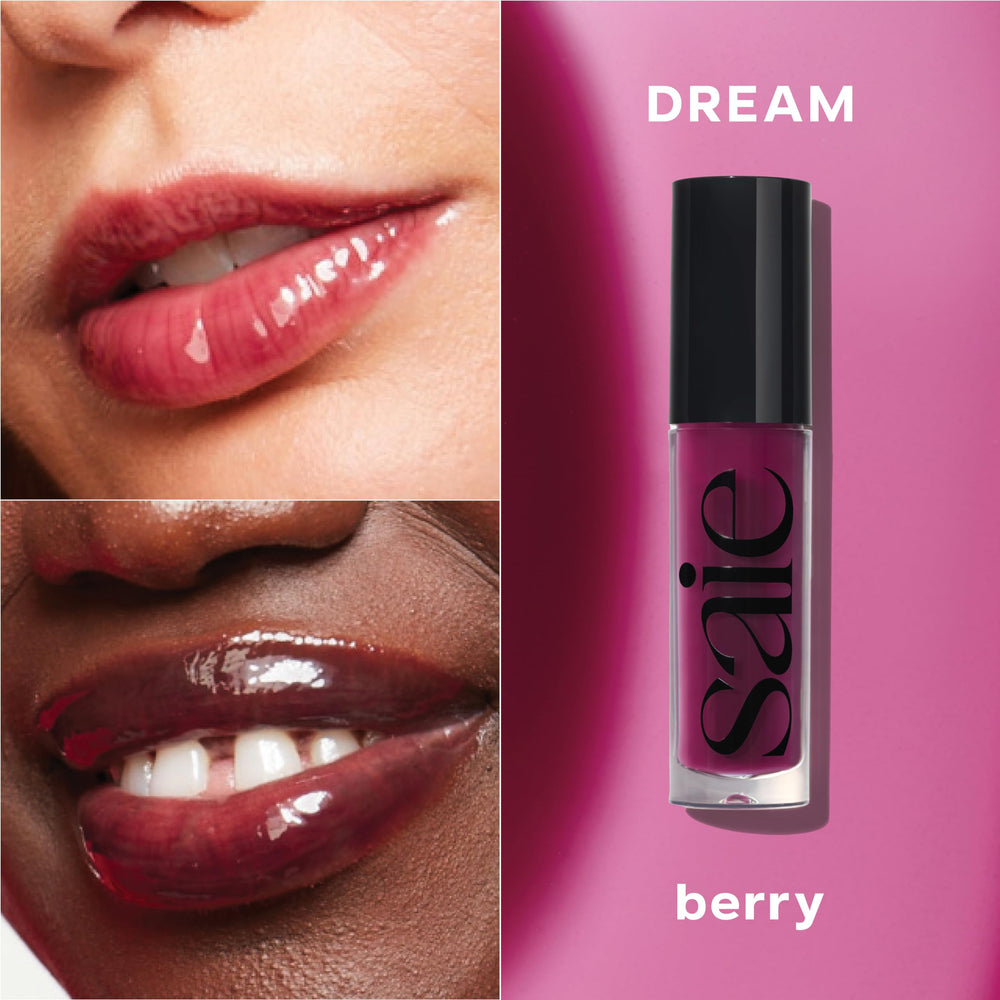 Saie Glossybounce Dream features Hyaluronic Acid for plush, hydrated lips with a non-sticky feel.