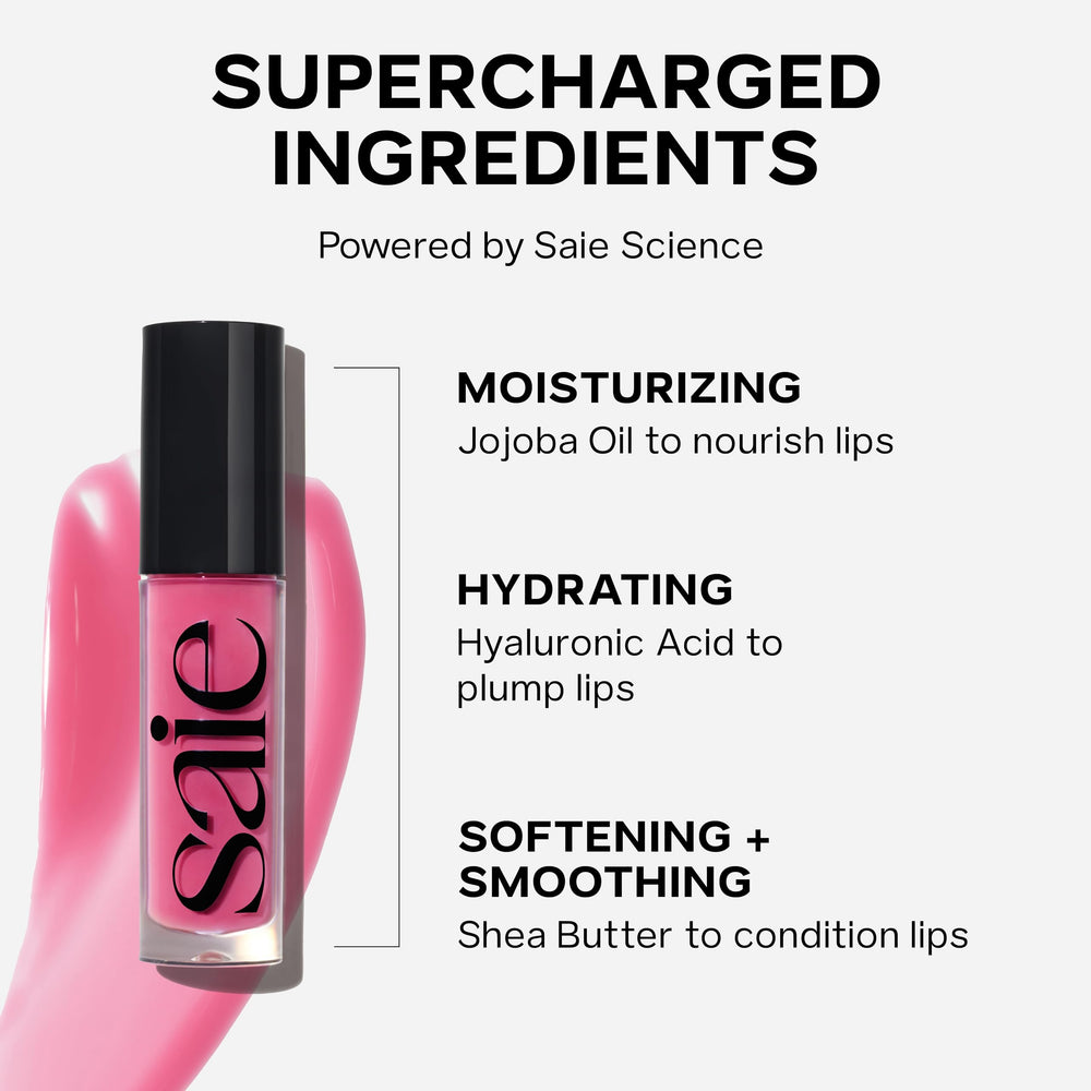 Saie Glossybounce arm swatch demonstrates buildable pigment with hydrating feel