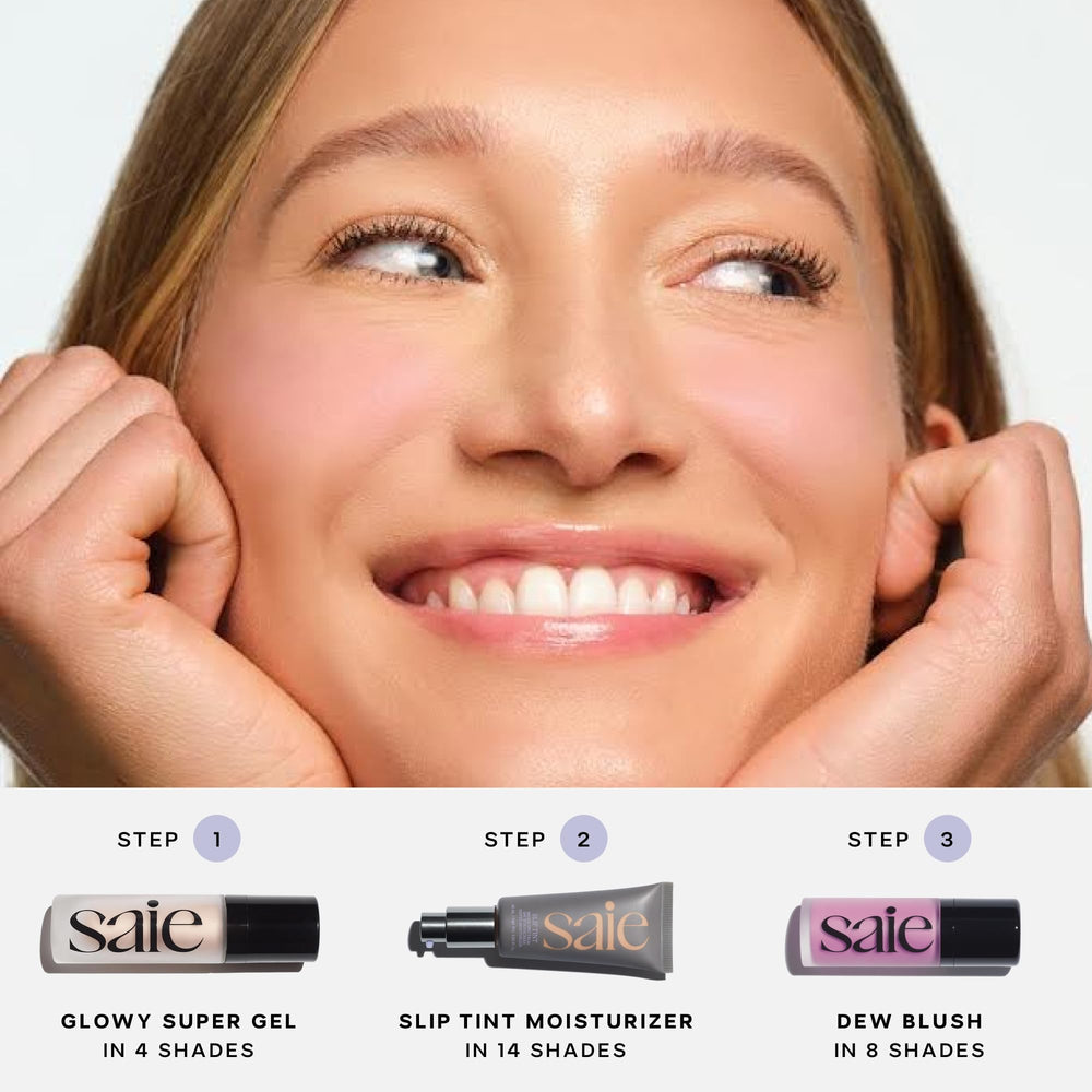 Saie Glowy Super Gel on chest glow elevates contours