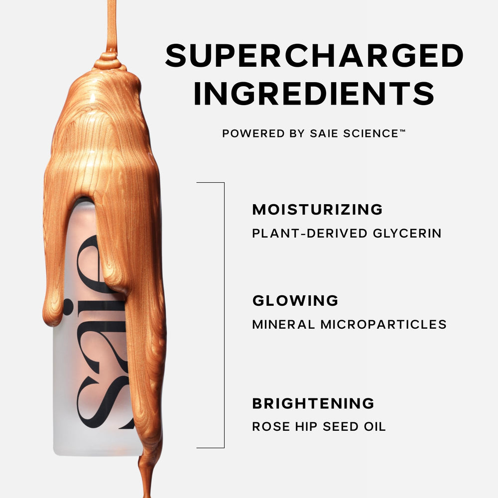 Saie Glowy Super Gel ingredient highlights with glycerin and vitamin C