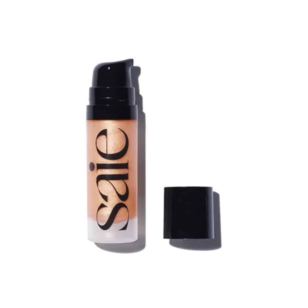 Saie Mini Glowy Super Gel bottle closeup highlights radiant hydration for dewy skin.