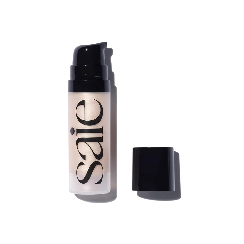 Saie Mini Glowy Super Gel bottle front showing compact glow primer for dewy skin