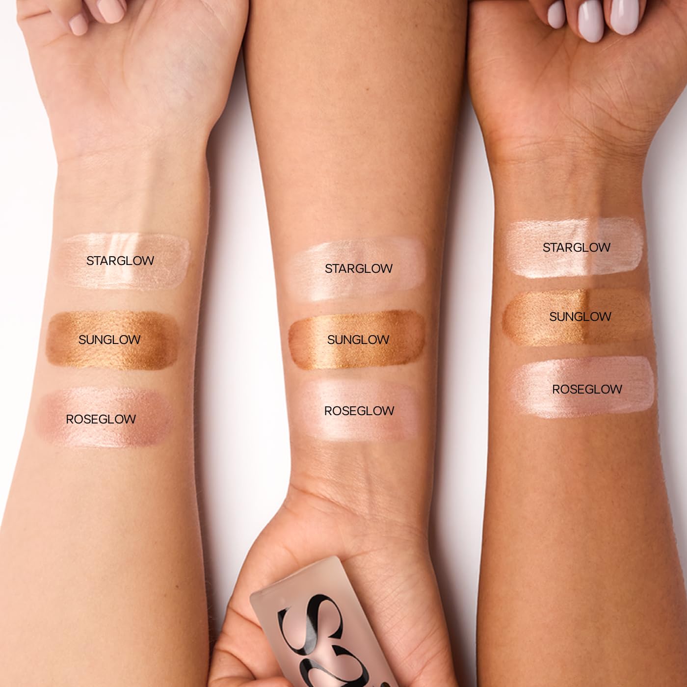 Saie Mini Glowy Super Gel worn all over for a dewy glass skin finish.