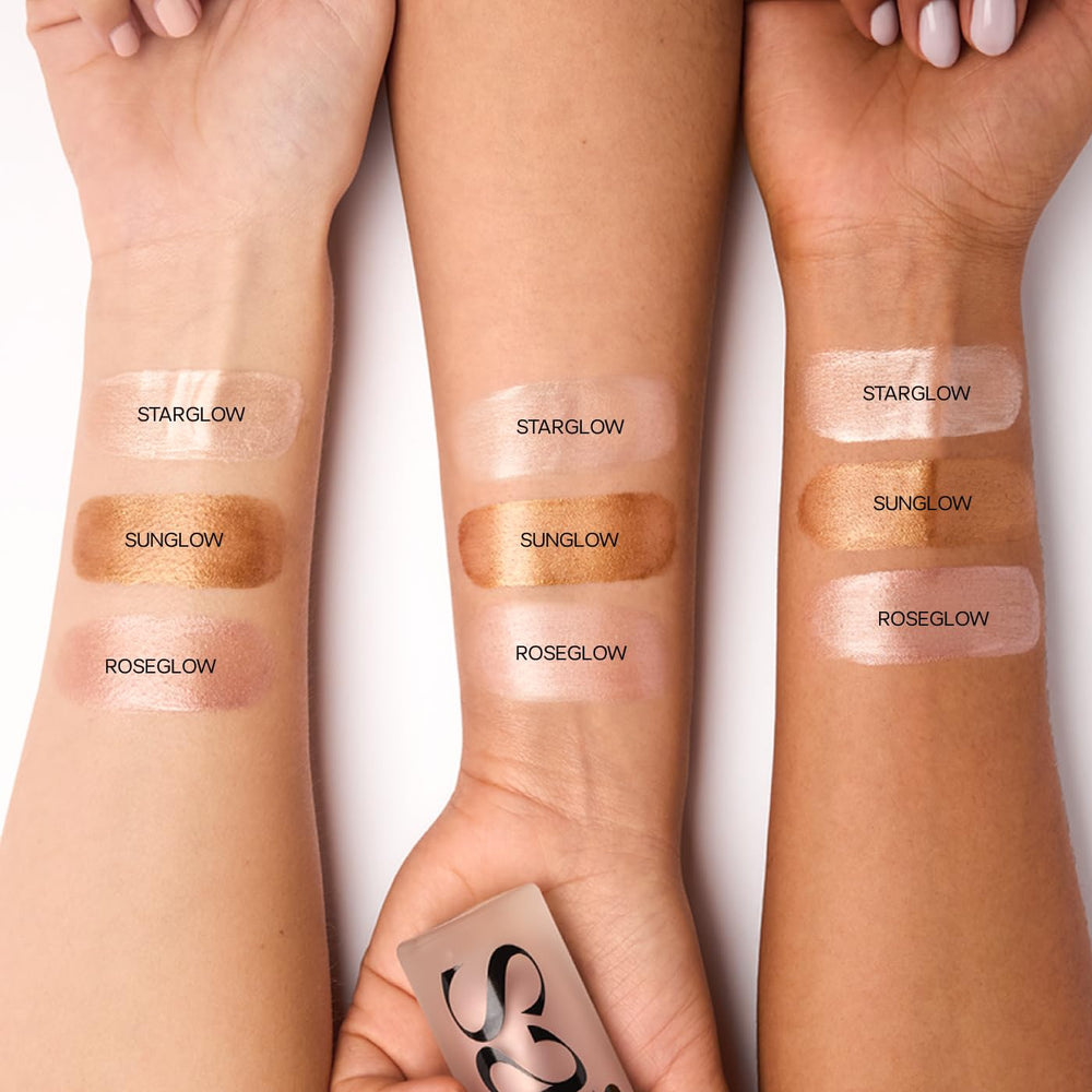Saie Mini Glowy Super Gel worn all over for a dewy glass skin finish.