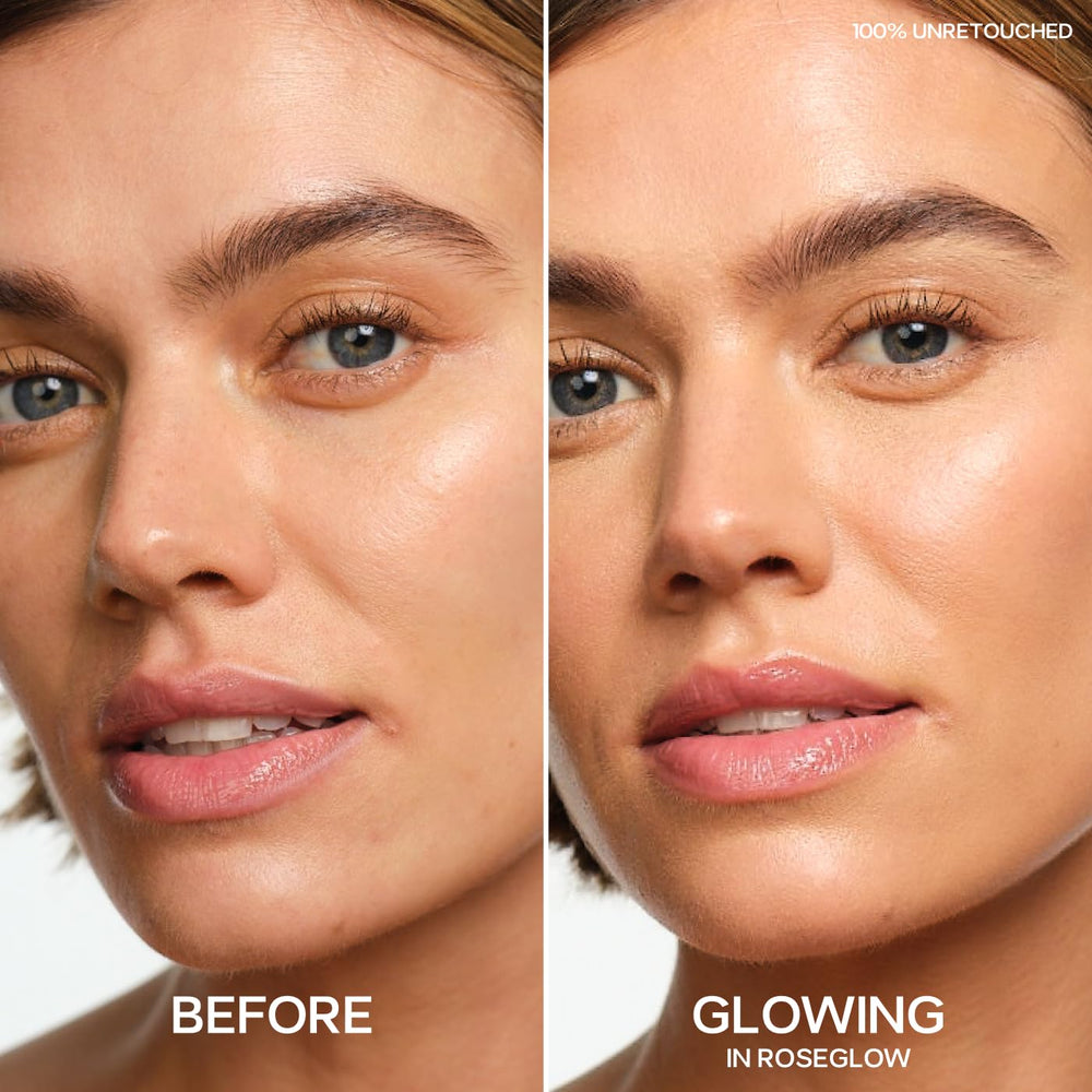 Saie Mini Glowy Super Gel applied to cheekbone for luminous highlight.
