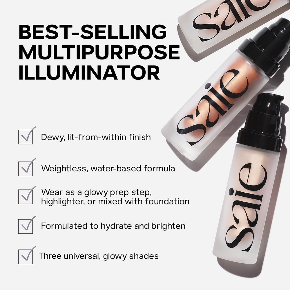 No makeup glow look achieved with Saie Mini Glowy Super Gel and foundation.