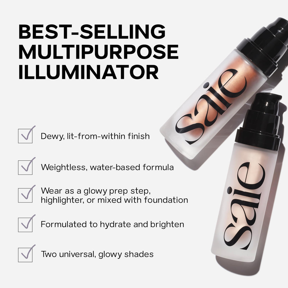 Saie Mini Glowy Super Gel added to makeup as a dewy topcoat for radiance.