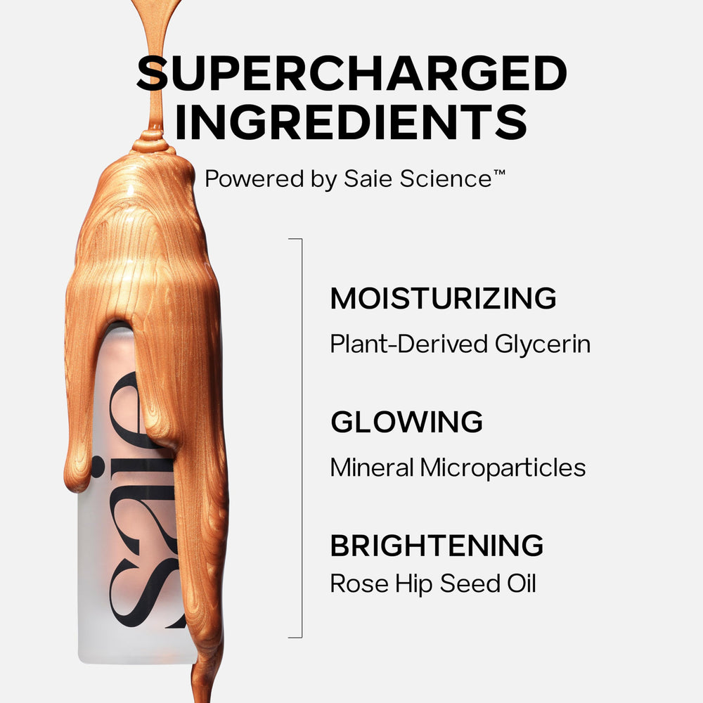 Saie Mini Glowy Super Gel vitamin C boosts brightness for even-toned glow.