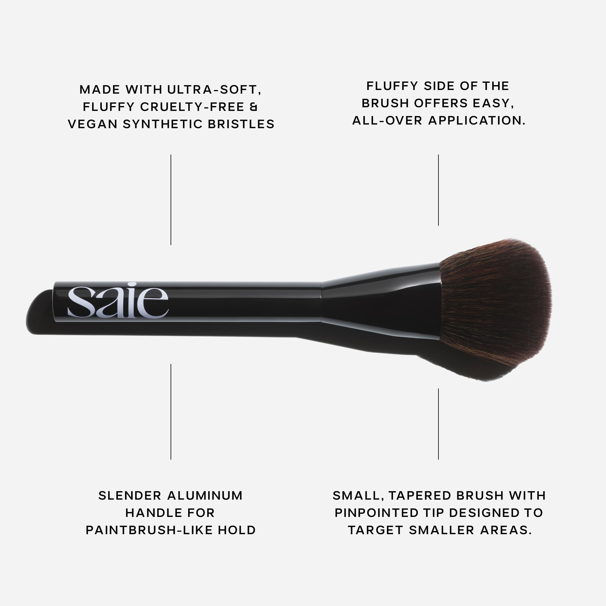 Saie Powder Blush Brush oval shape demonstrates control for targeted cheek application