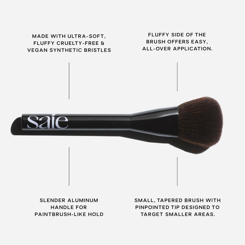 Saie Powder Blush Brush oval shape demonstrates control for targeted cheek application