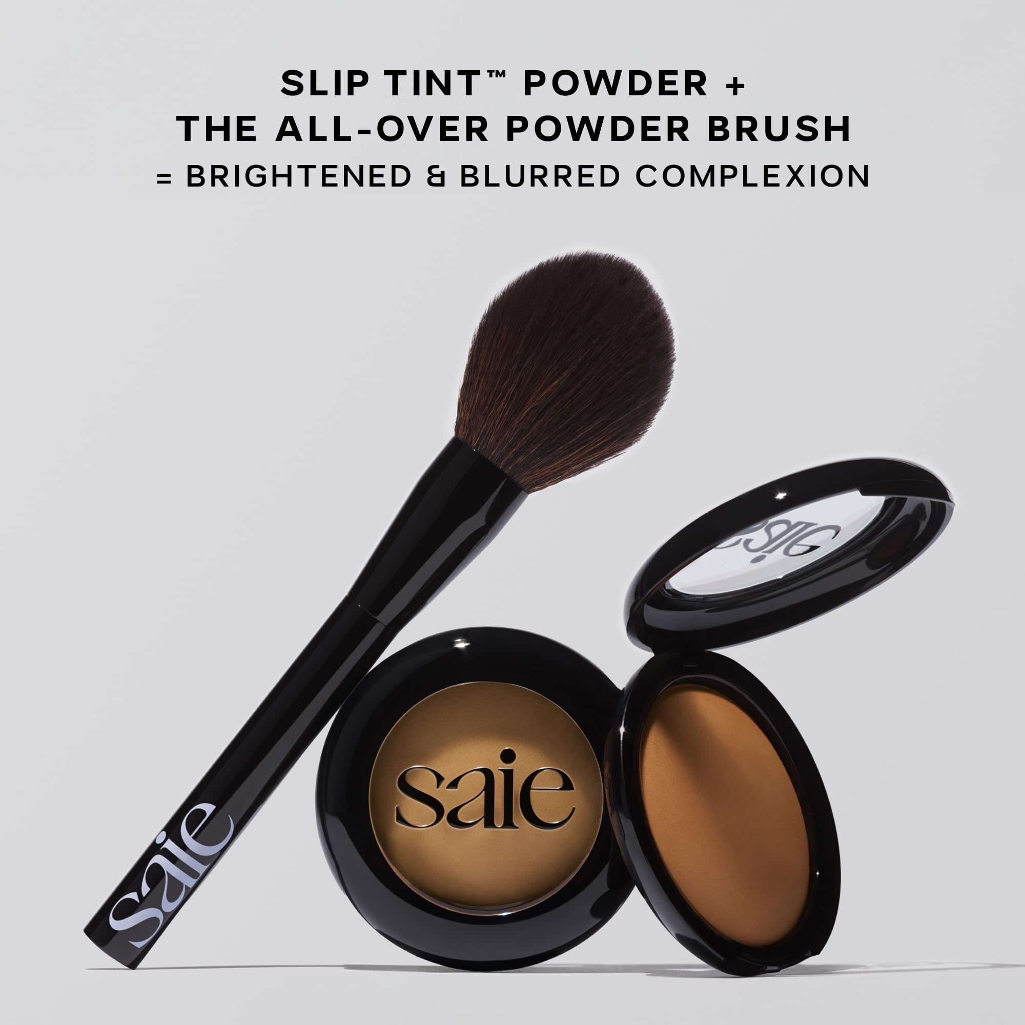 Saie Slip Tint Baked Setting Powder packaging highlights vegan cruelty-free claim