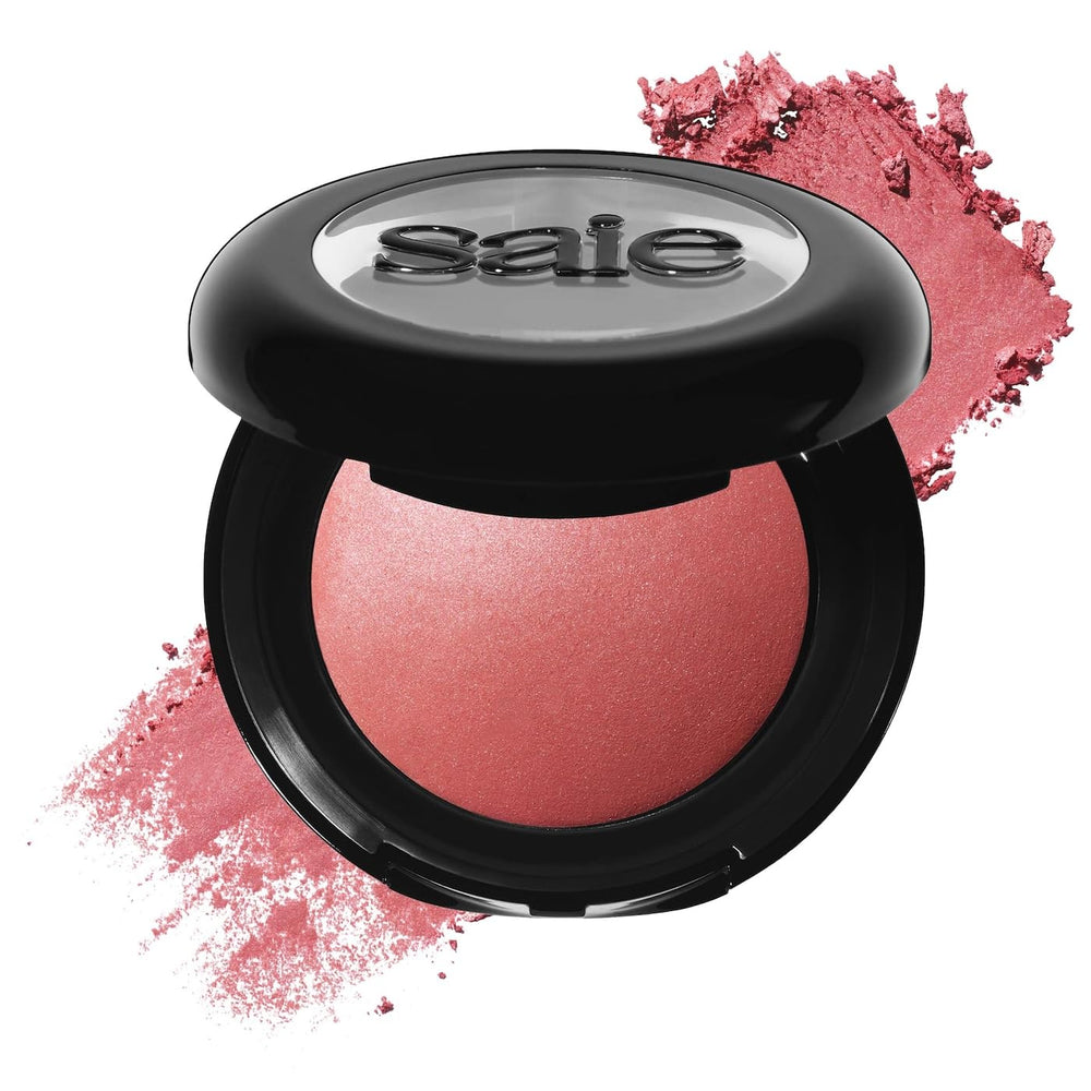 Saie SuperSuede baked blush compact closeup showing velvet texture for natural glow.