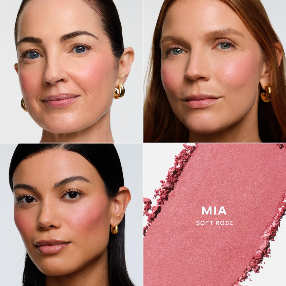 Saie SuperSuede baked blush diffused finish demonstrates soft pigment for flawless cheeks.