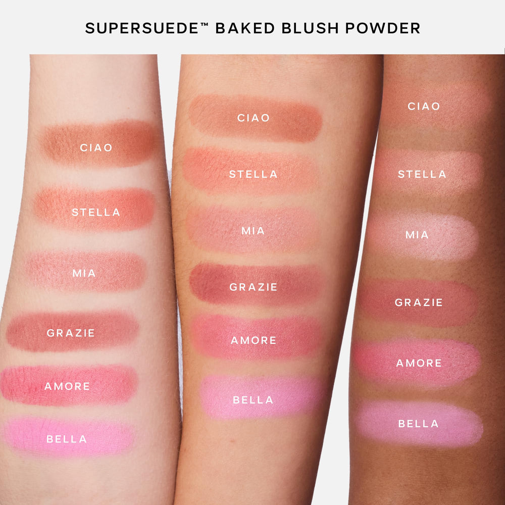 Saie SuperSuede blush with hyaluronic infusion for hydrated skin feel.