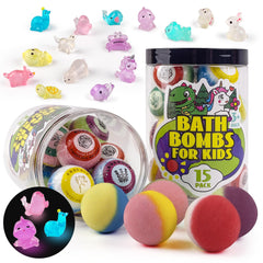 Sailimu bath bombs kids jar gift set showing colorful fizz and toy reveal