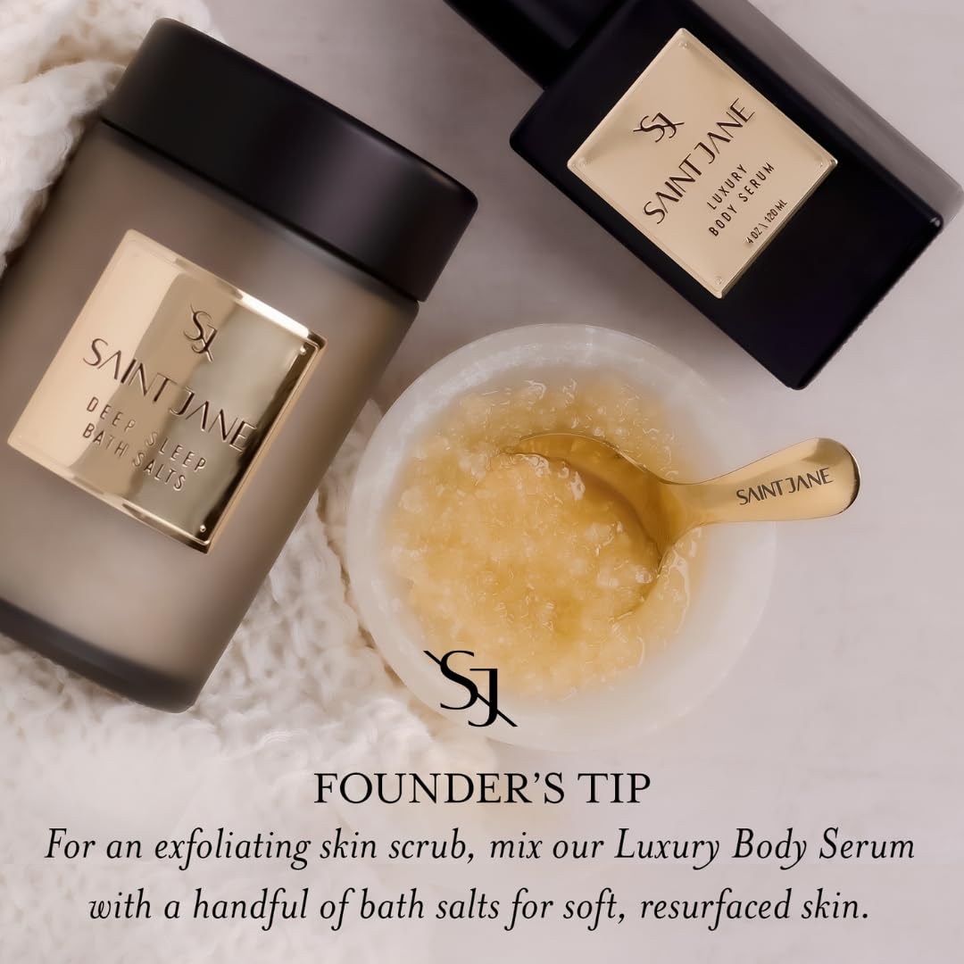 SAINT JANE Deep Sleep Bath Salts ingredients featuring magnesium and peptides for skin care.