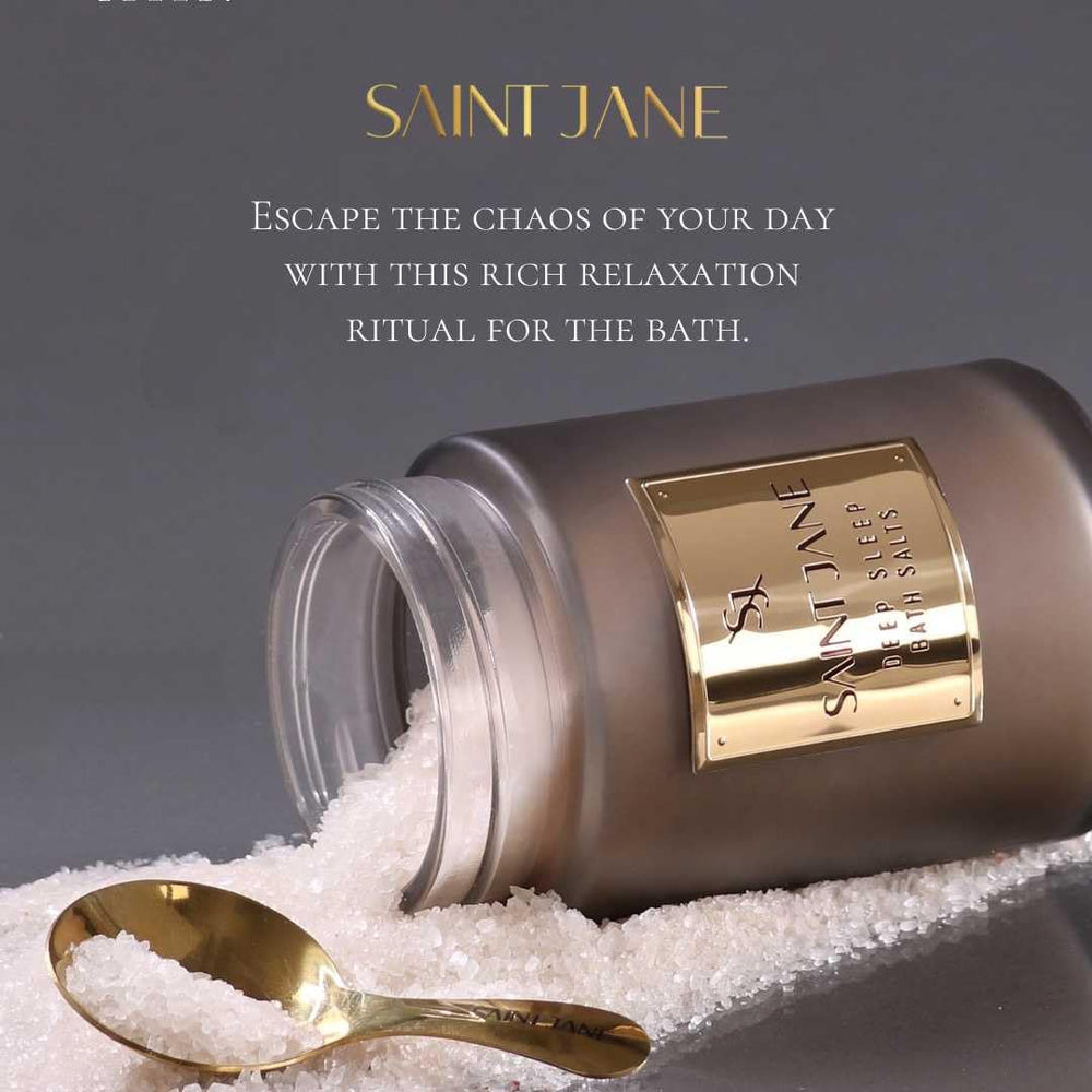 SAINT JANE Deep Sleep Bath Salts packaging on shelf for luxury skincare display.