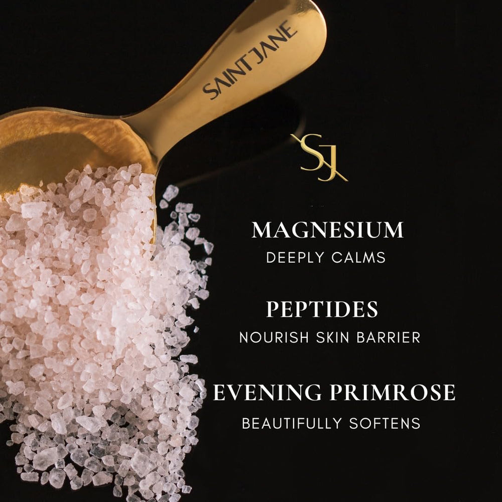 SAINT JANE Deep Sleep Bath Salts texture closeup to highlight exfoliating feel.