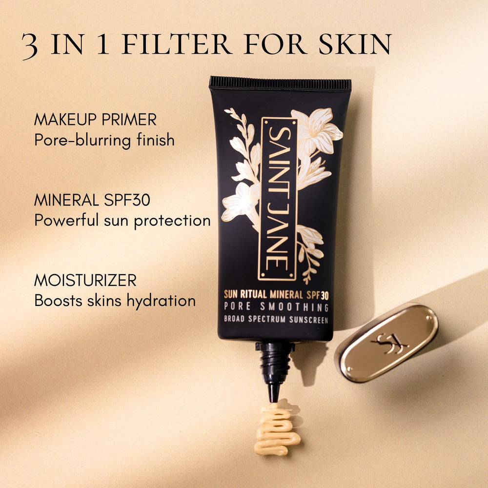 Florals and luxe-label packaging signal a clean, premium SAINT JANE skincare ritual.