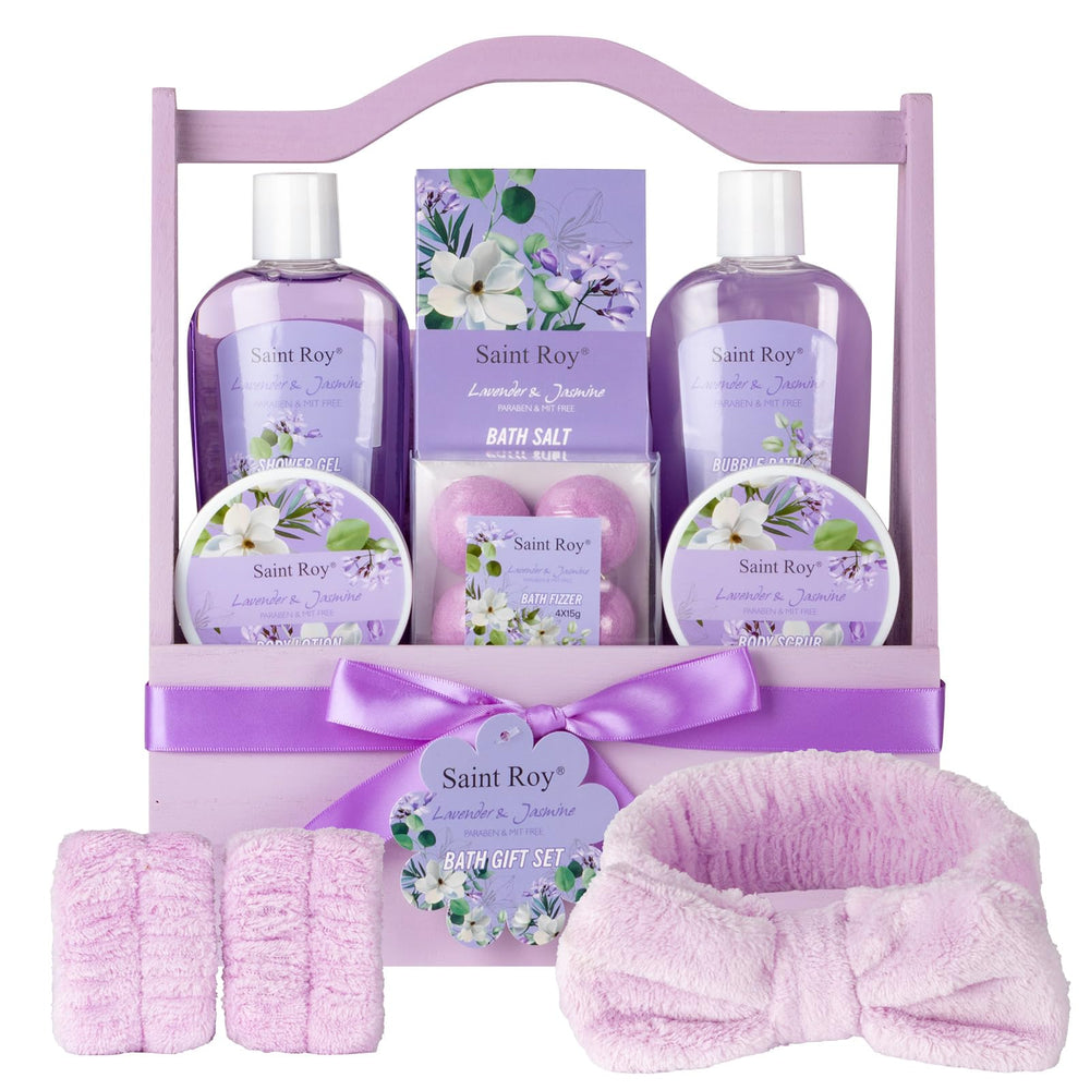 Saint Roy bath gift basket 13-piece front view for at-home spa experience.