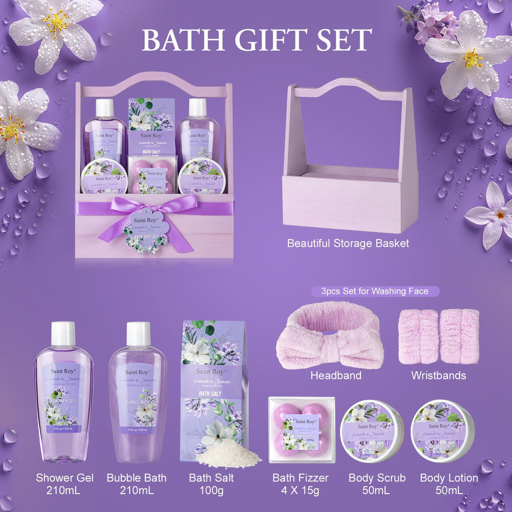 Saint Roy bath gift basket contents close-up showcasing diverse spa items.