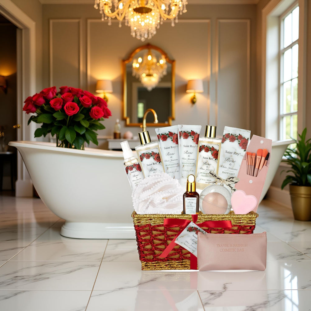 Saint Roy bath salts rose jasmine image, inviting a calming spa-like soak experience