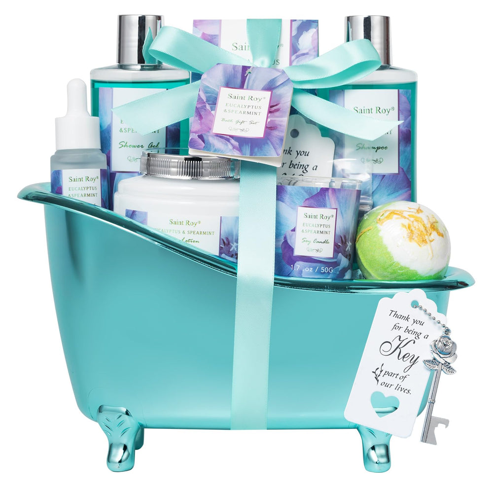 Saint Roy Eucalyptus Mint bath basket front view—lavish spa gift idea