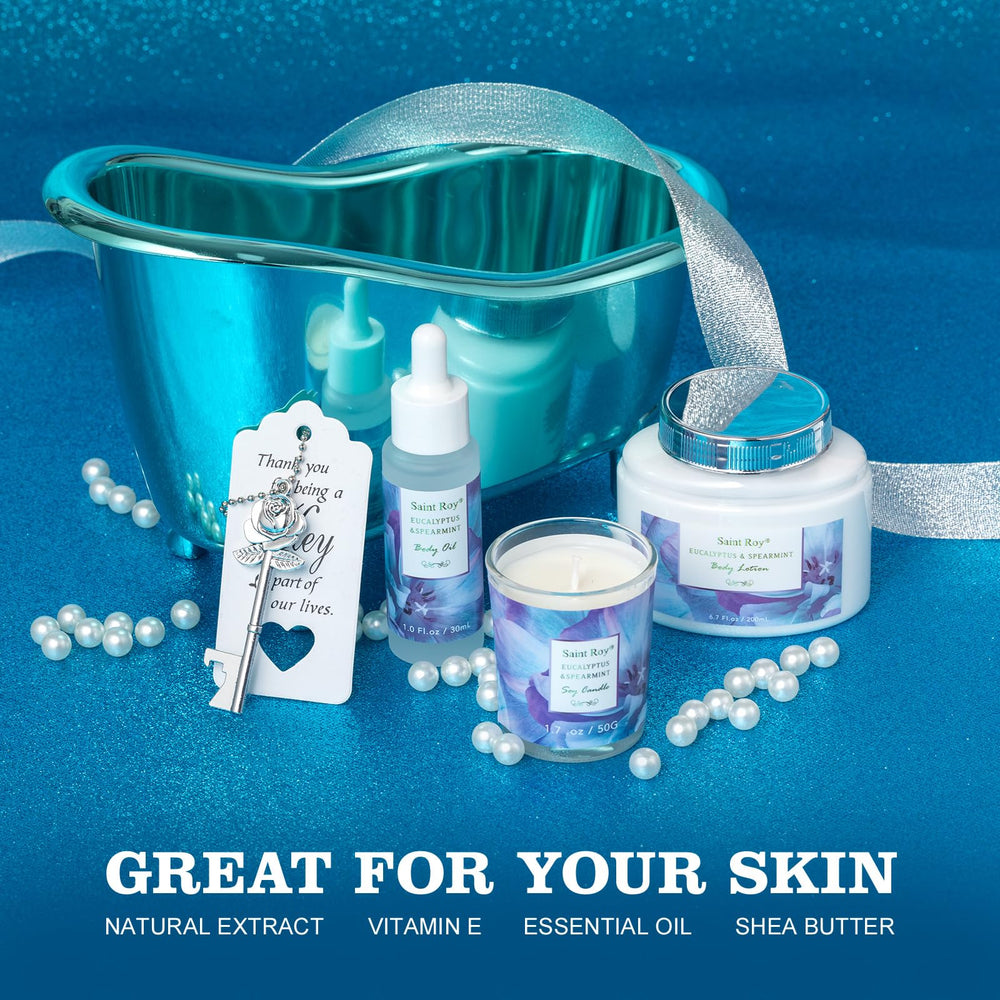 Saint Roy Eucalyptus Mint self-care kit in basket promotes daily spa rituals