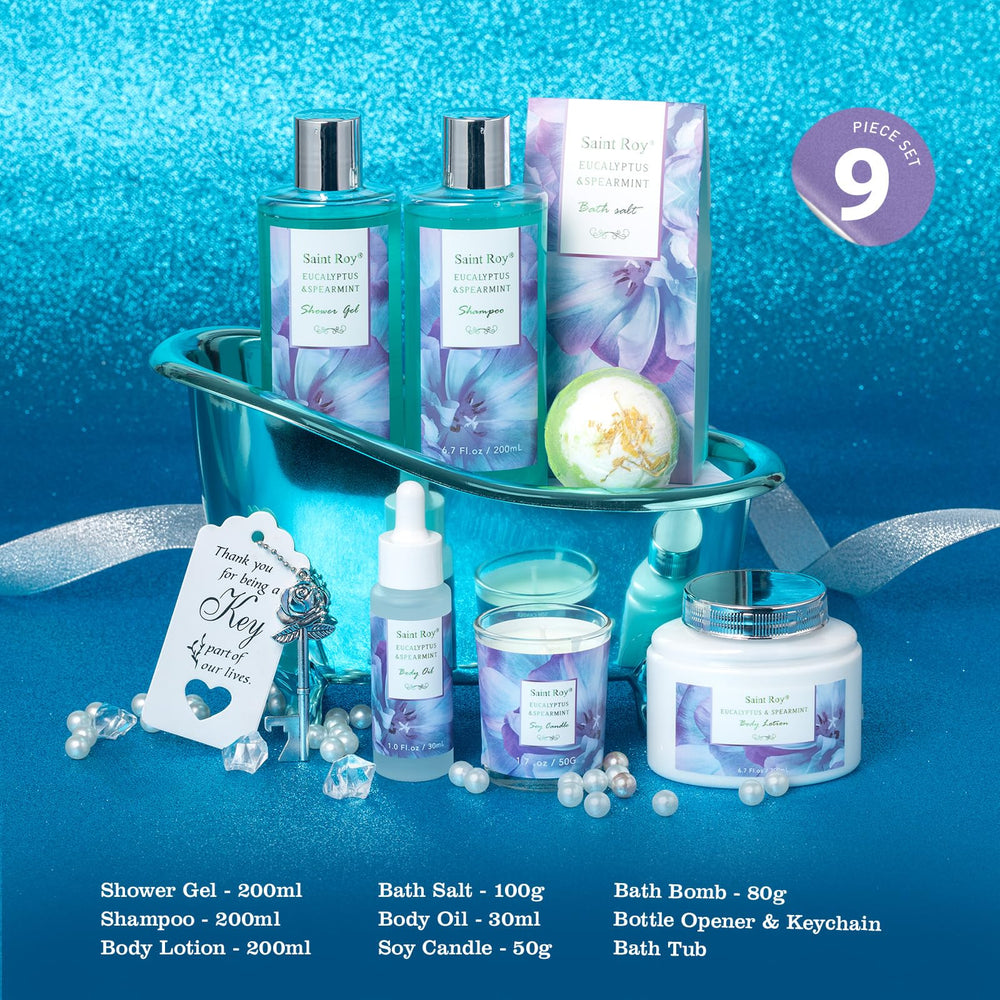 Saint Roy Eucalyptus Mint shower gel bottle provides refreshing cleansing for an at-home spa routine