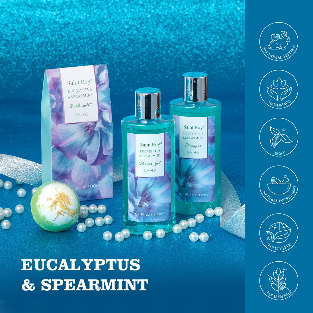 Saint Roy Eucalyptus Mint spa gift basket inside displays organized, gift-ready presentation