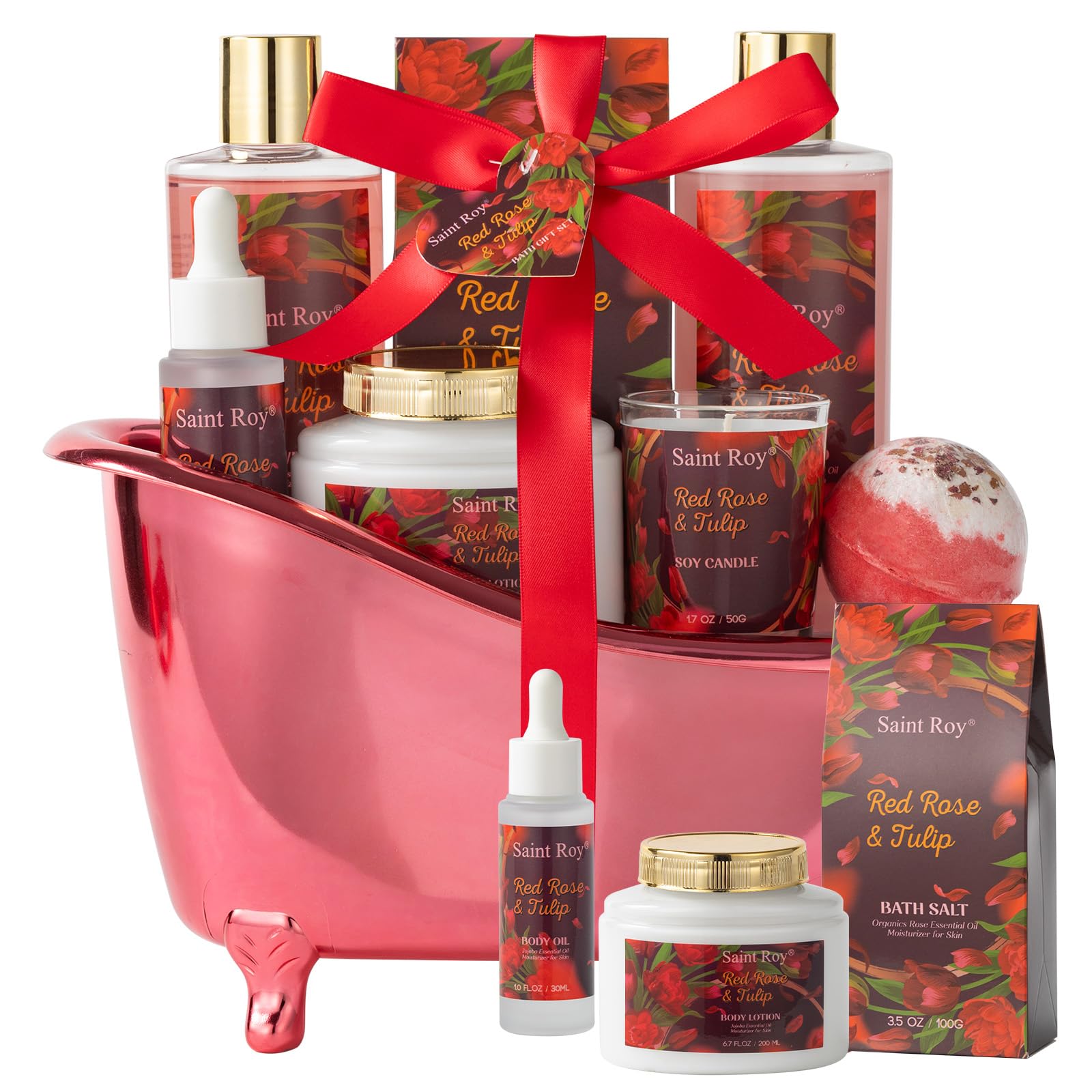 Saint Roy reusable bath tub display keeps spa gifts neatly organized.