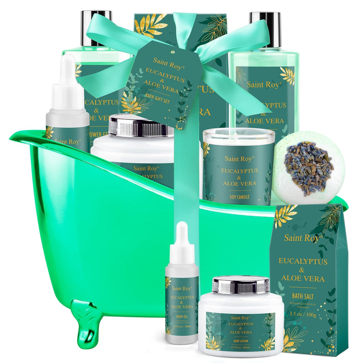 Saint Roy spa gift basket in tub container shows stylish storage for beauty essentials.