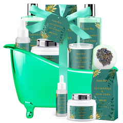 Saint Roy spa gift basket in tub container shows stylish storage for beauty essentials.