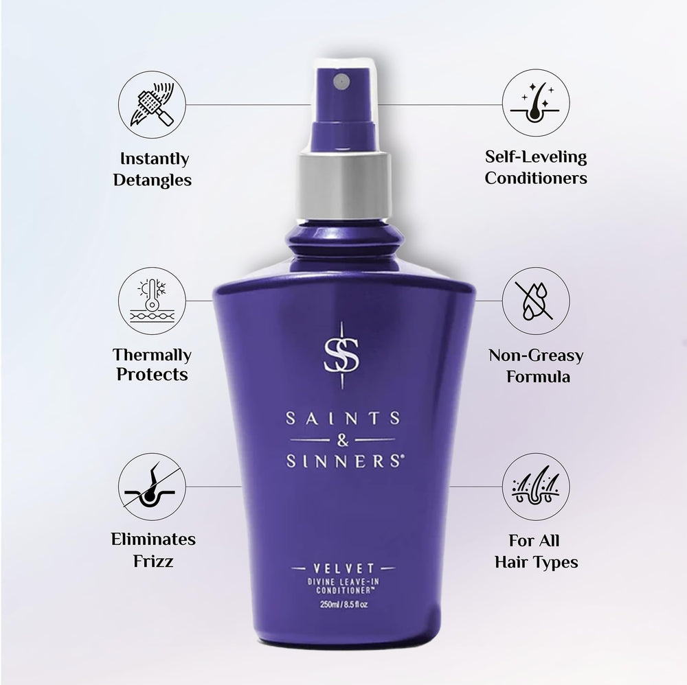 Saints & Sinners Velvet Divine cream-to-mist spray dispenses evenly for detangling and shine.