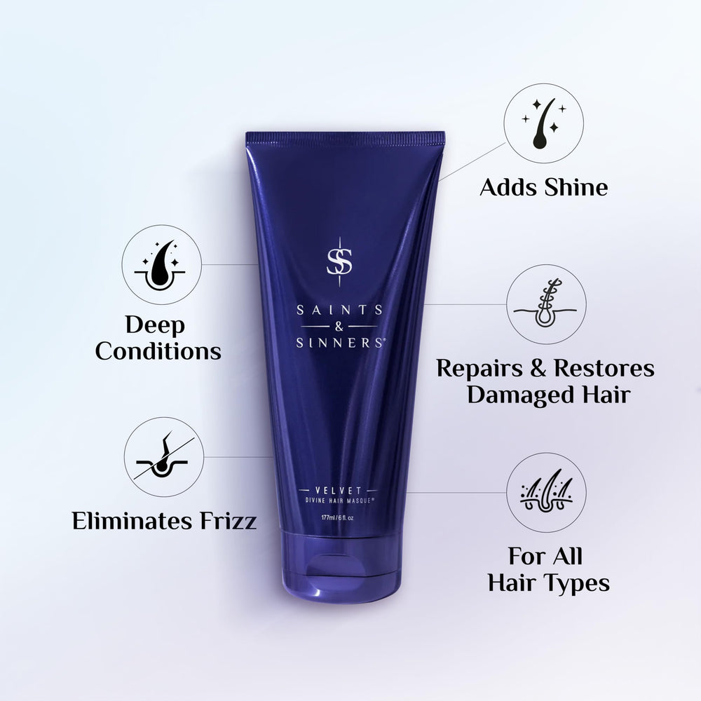 Saints & Sinners Velvet Divine Hair Masque dispense pump demonstrates easy application and frizz control.