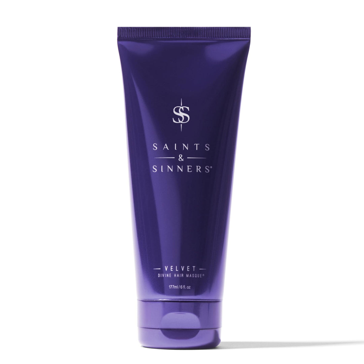 Saints & Sinners Velvet Divine Hair Masque jar showing deep conditioning for dry, damaged hair.