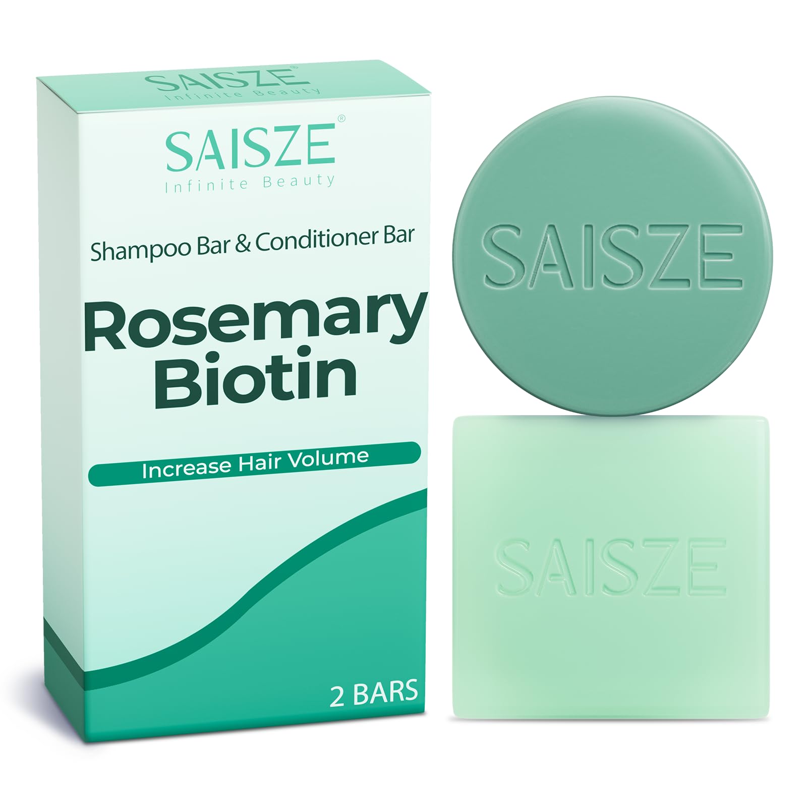 SAISZE rosemary-biotin bar packshot shows solid hair care in eco-friendly packaging.