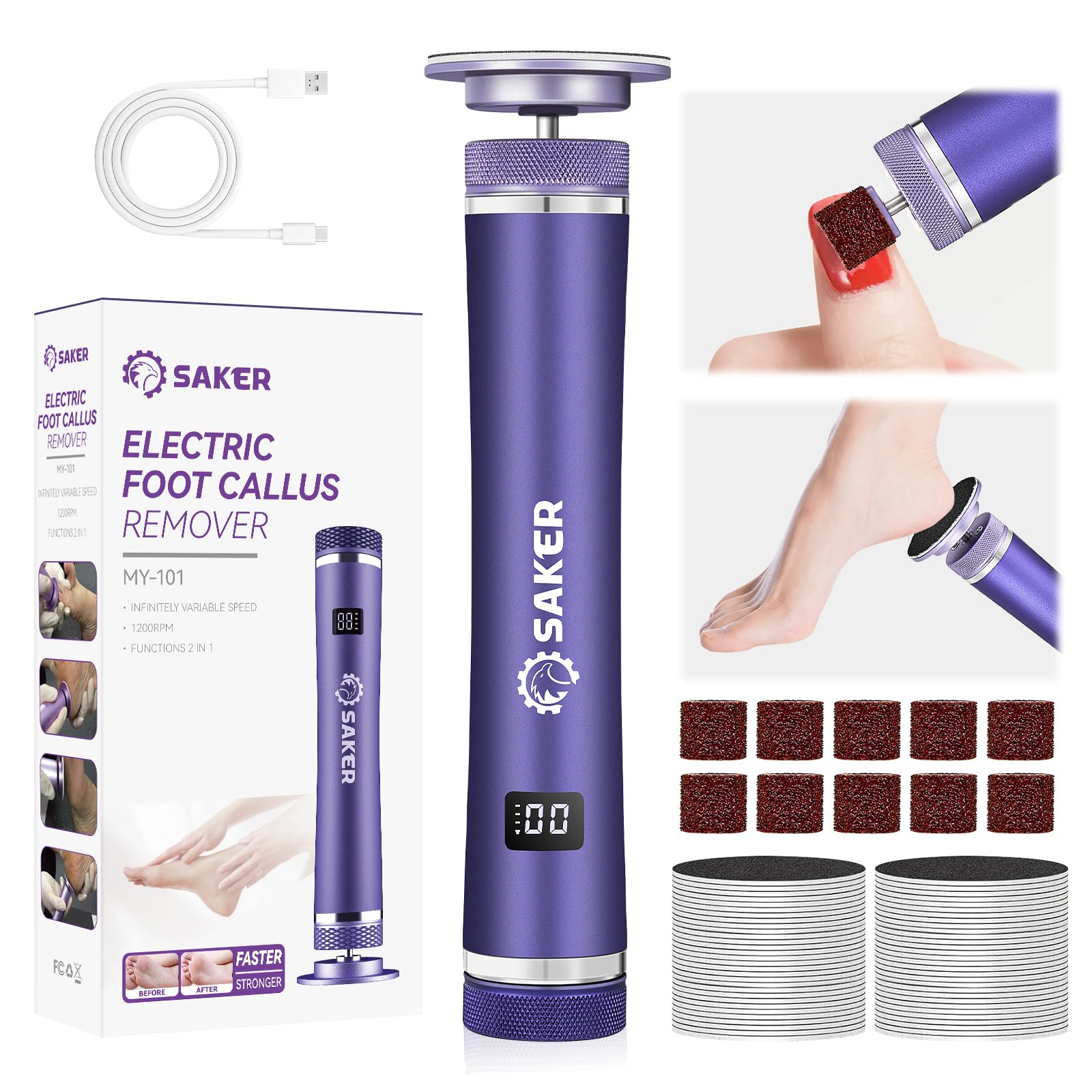 Saker electric foot callus remover front view demonstrates compact at-home pedicure tool for smooth feet.