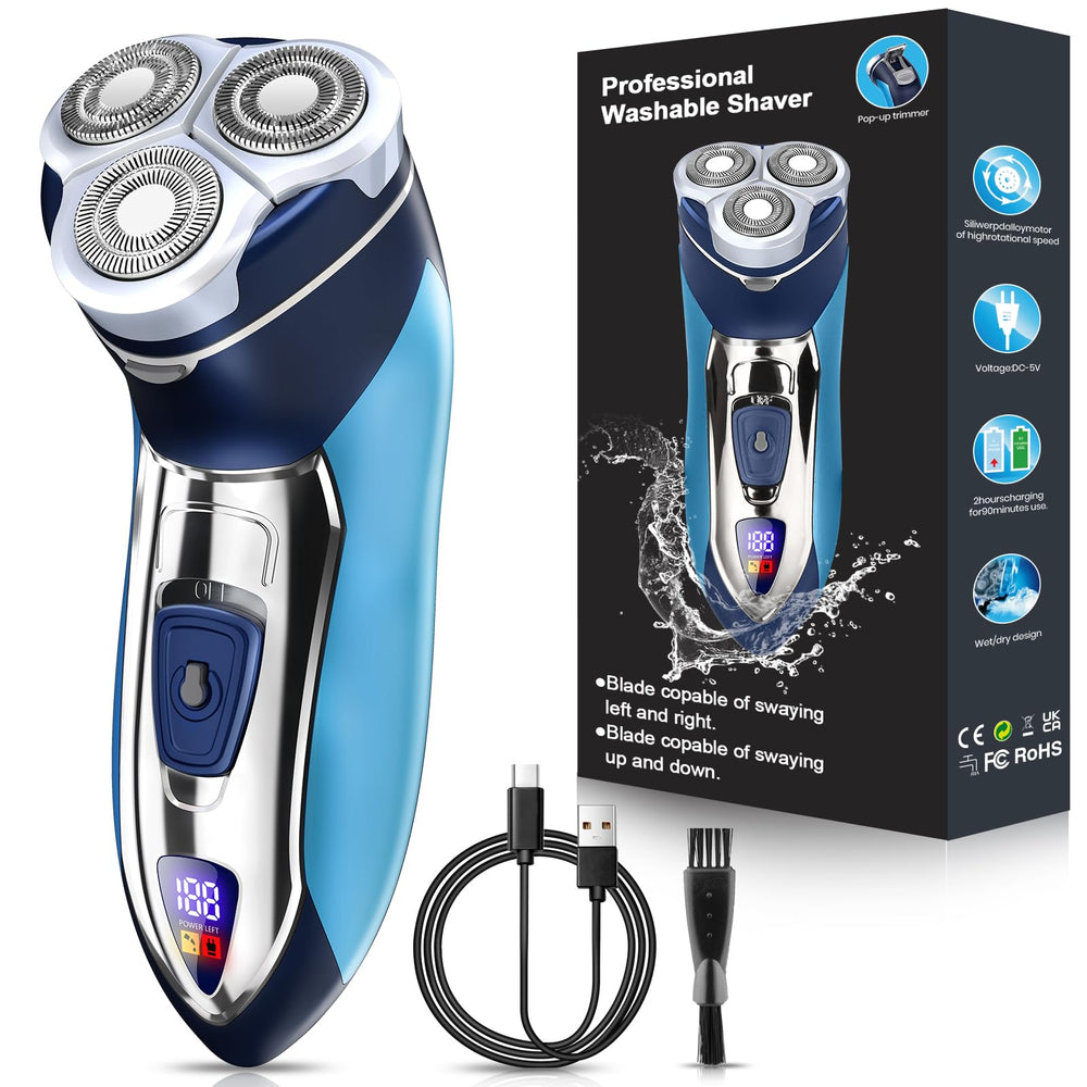 Sakioo electric razor with 4D floating head delivers smooth close shave around contours.