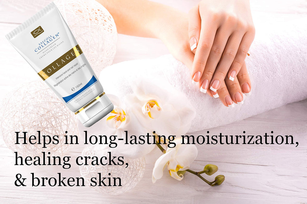 Salcoll Collagen hand cream being applied on dry hands for soothing relief.