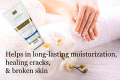Salcoll Collagen hand cream being applied on dry hands for soothing relief.